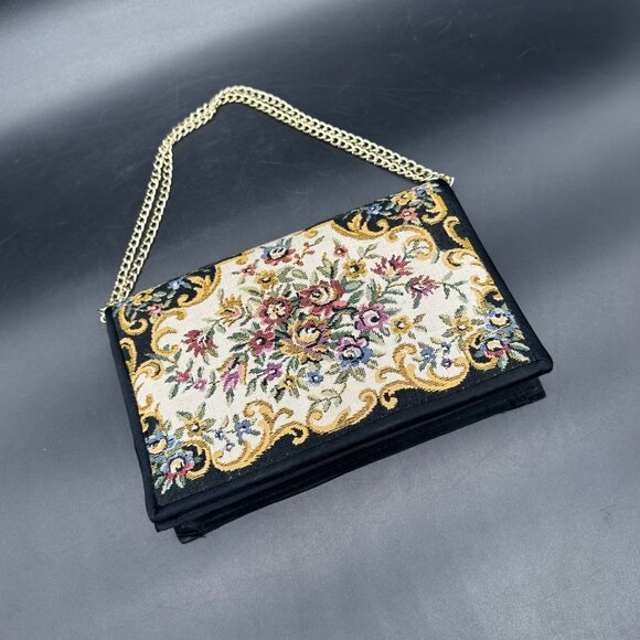 Handbags - Vintage Handbag 1970s Floral Tapestry Evening Purse Gold Chain Strap Hong Kong